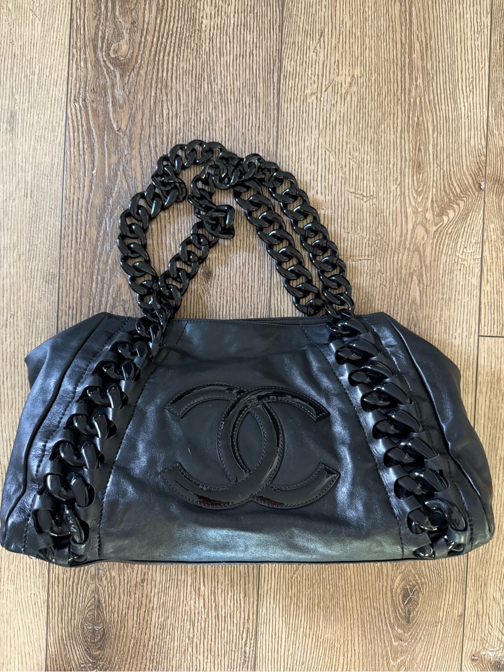 Vintage Chanel Cambon Ligne Large Black Leather Shoulder Bag with Chain Detail